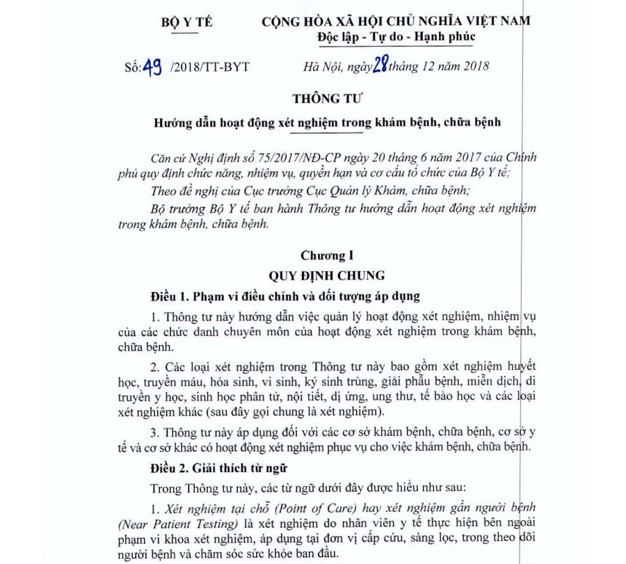 Thông tư 49/2018/TT-BYT Thông tư hướng dẫn hoạt động xét nghiệm trong khám bệnh, chữa bệnh